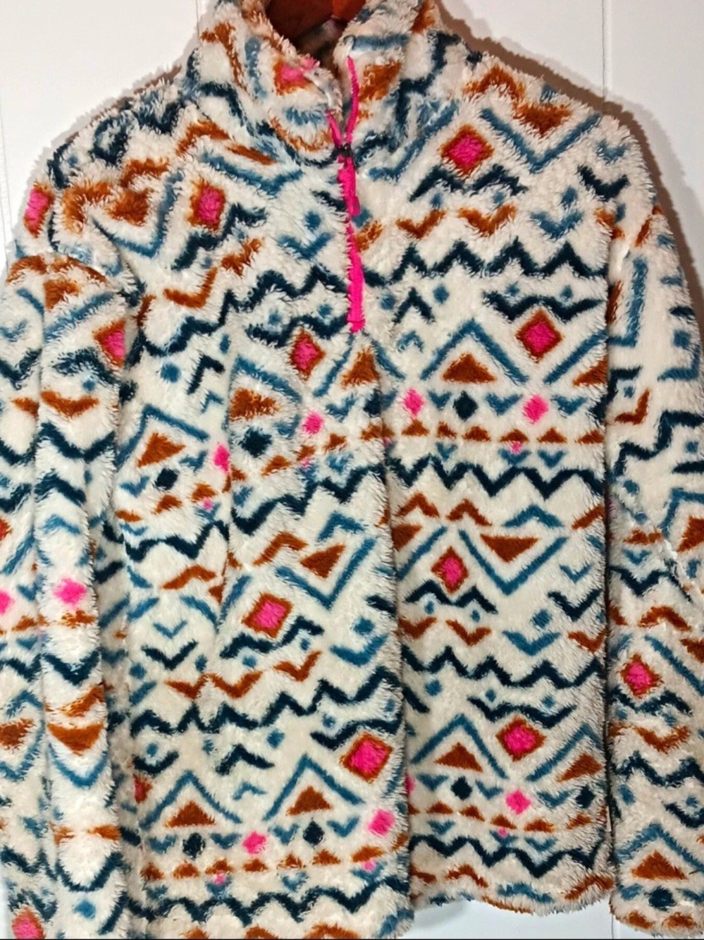 Eddie Bauer Plush Aztec Puffer Jacket - White, Teal, Brown, Pink